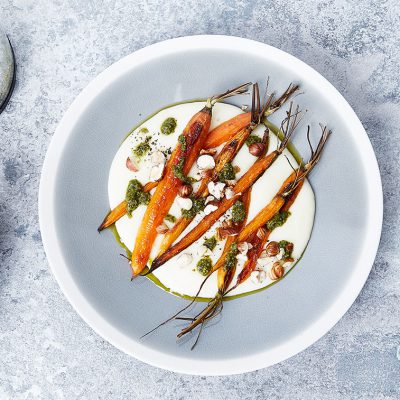 Roasted Carrots with Green Carrot Pesto On Potato Purée Recipe