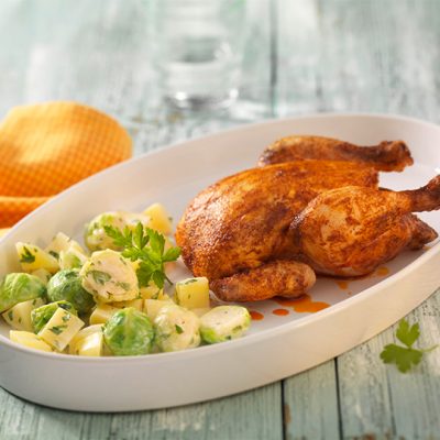 Poussin with Potatoes and Brussels Sprouts Recipe