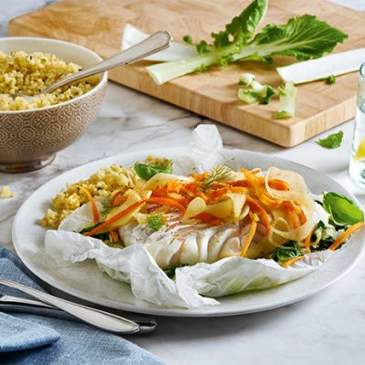 Cod en Papillote with Bulgur and Herb Pilaf Recipe