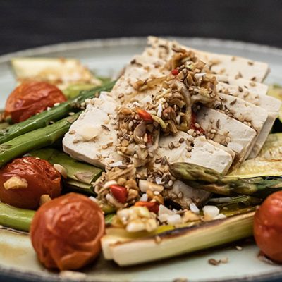 Steamed Silken Tofu with Sesame Sauce on a Bed of Grilled  Seasonal Veg and Nutty Sprinkle Recipe