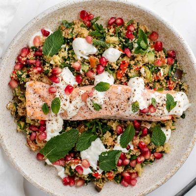 Steamed Salmon with Mediterranean Tabbouleh and Whipped Feta Recipe