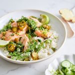 Jalapeño Herb Grilled Salmon with Power Rice & Cucumber Salad Recipe